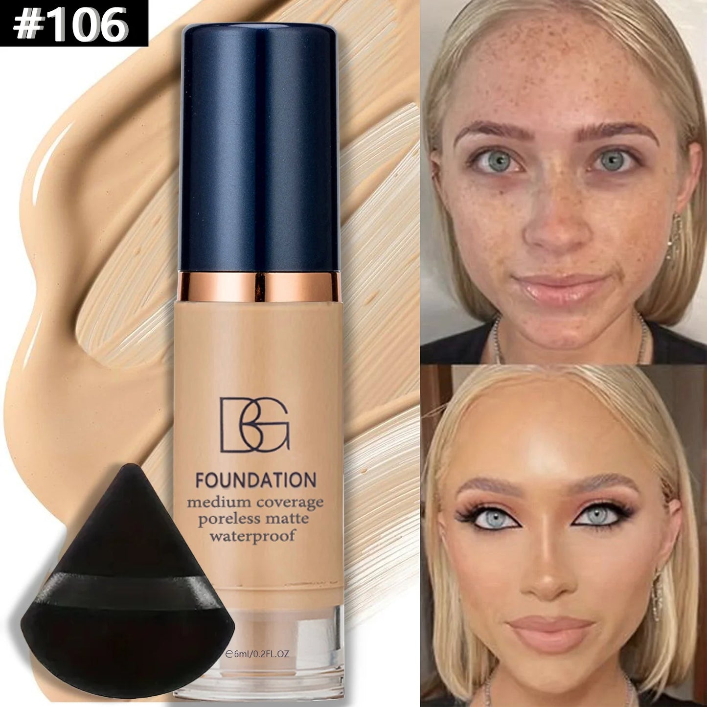 2PCS Waterproof Liquid Foundation Set - Matte Full Coverage Makeup with Black Triangle Powder Puff for Flawless Finish
