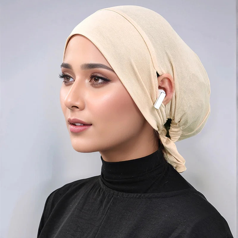 Women’s Tie-Back Jersey Hijab Cap - Stretchy Elastic Muslim Inner Underscarf with Ear-Covering Design