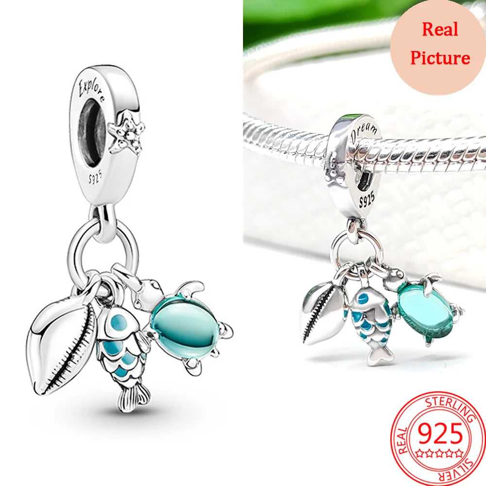 925 Silver Plated Murano Glass Sea Turtle Dangle Charm - Colorful Pink & Blue Jewelry for Women's Bracelet
