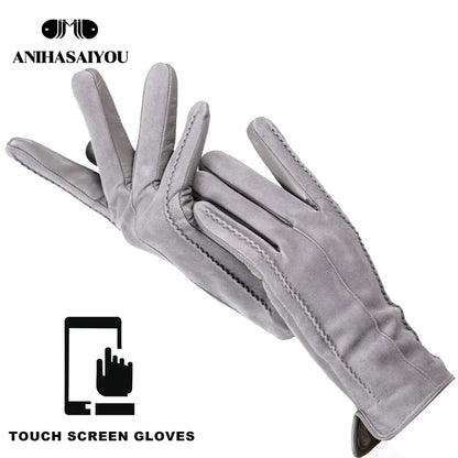 Women’s Winter Touch Gloves – 50% Genuine Leather & 50% Suede, Colorful Warm Leather Gloves