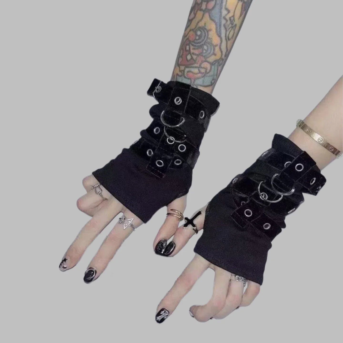 Y2K Personalized Buckle Fingerless Gloves - Punk Hip Hop Stage Performance & Street Dance Sleeves