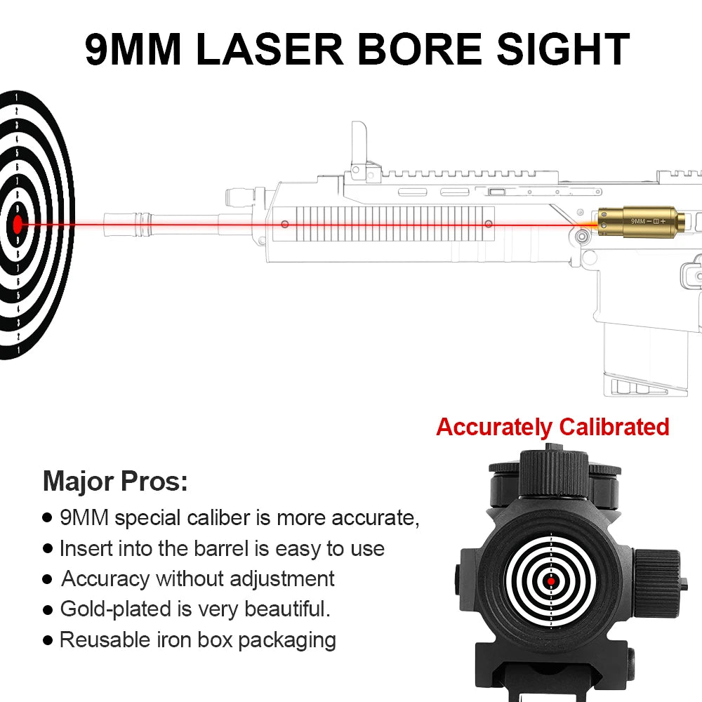9MM Red Dot Laser Bore Sighter – Brass Optics Cartridge for Pistol & Rifle Scope Hunting with 6 Batteries