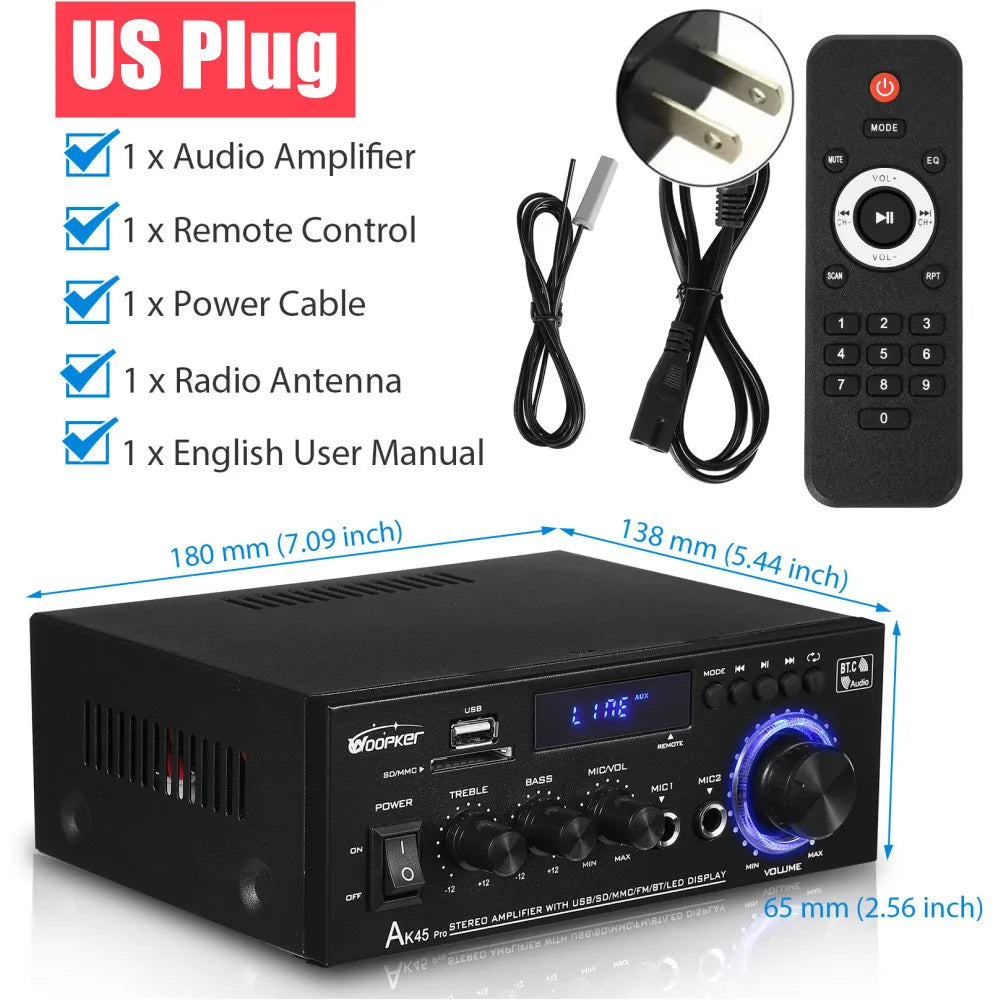Woopker AK Series Digital Bluetooth Amplifier – 2 Channel HiFi Audio Amp with FM & USB for Home, Car & Karaoke