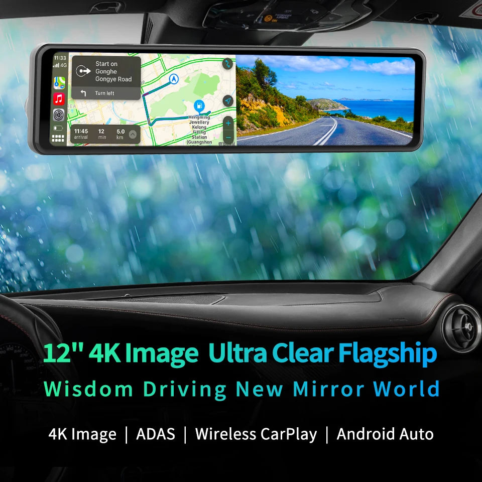 Imagebon 12" 4K Car Mirror – Wireless CarPlay, Android Auto, ADAS, Rearview Camera, GPS, FM, Night Vision Video Recorder