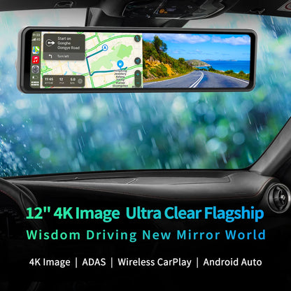 Imagebon 12" 4K Car Mirror – Wireless CarPlay, Android Auto, ADAS, Rearview Camera, GPS, FM, Night Vision Video Recorder