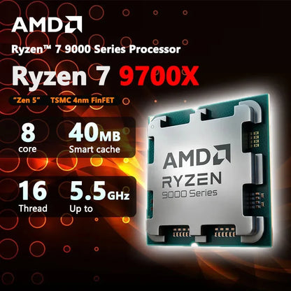 AMD Ryzen 7 9700X Processor - 8-Core, 16-Thread, 5.5GHz, 40MB Game Cache, 4NM, 65W TDP, Socket AM5, Zen 5 Gaming CPU (No Fan)