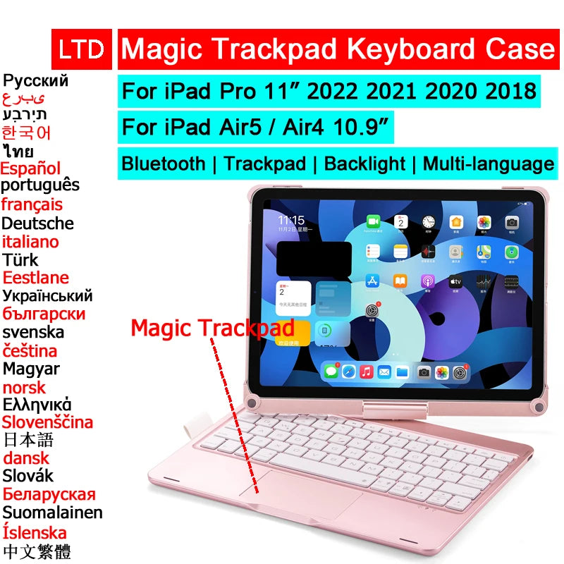 Bluetooth Magic Keyboard Case for iPad — Multi-Language (Arabic, Spanish, French, German) for iPad Pro 11 (2018–2022), Air 4/5, 10.9-inch