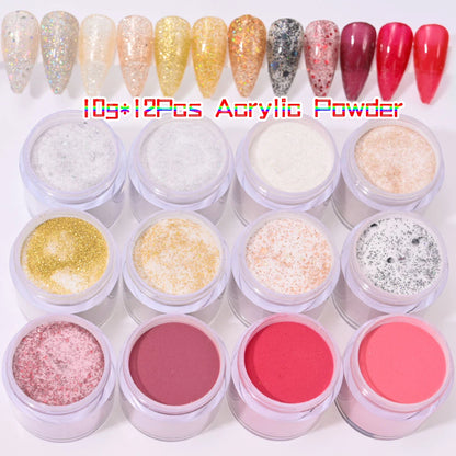 12-Color Nude Pink 3-in-1 Professional Acrylic Powder Set - 12 Jars for Dip & Acrylic Nail Extensions, Structure & Dust, 10g Each