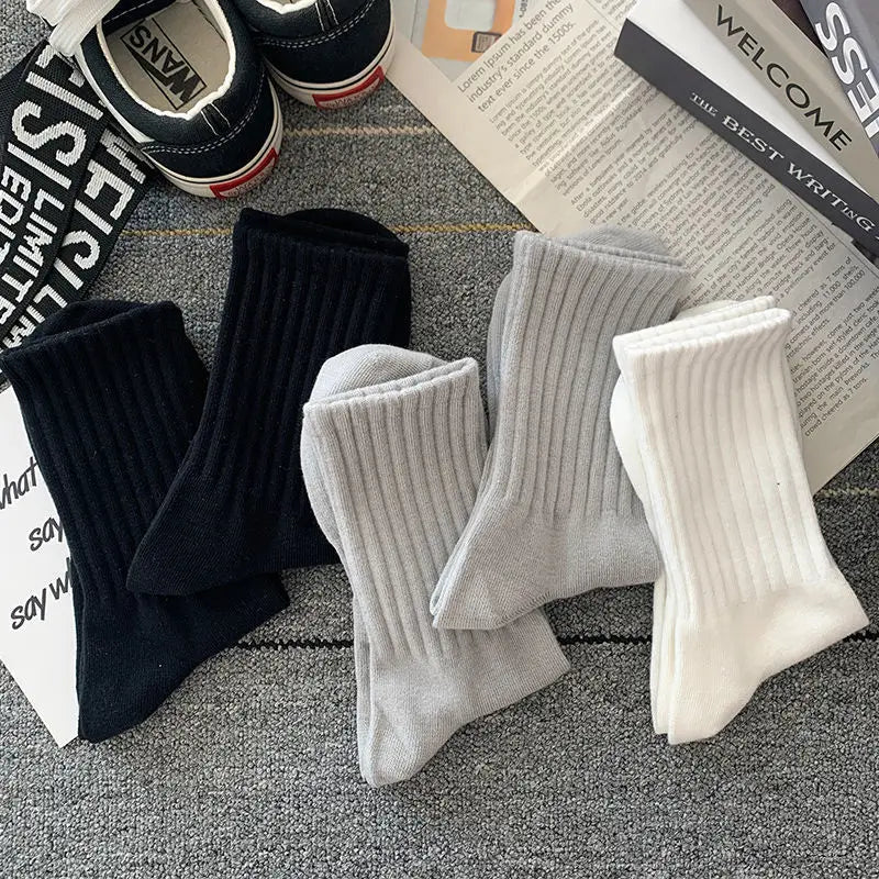 5 Pairs Cool Men's Socks Set – Black & White, Warm Autumn/Winter Sport Short Socks, Solid Color for Men