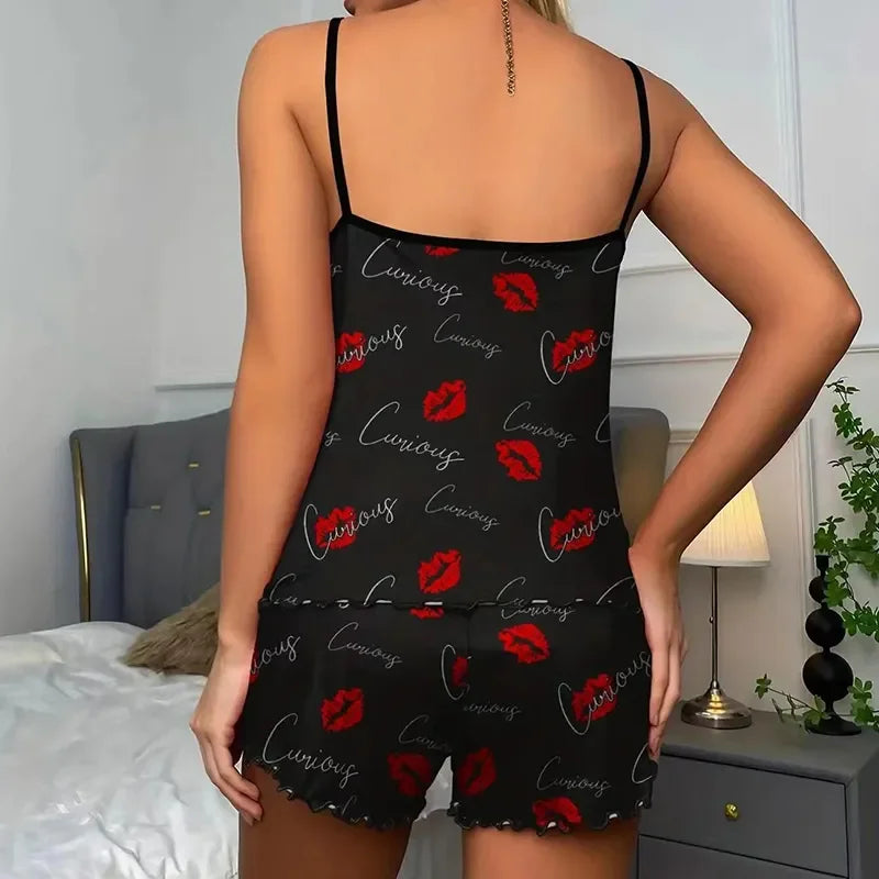 Women's Pajama Set: Camisole and Shorts with Red Lip Print - Ice Silk Comfort for Casual Comfort Sleepwear