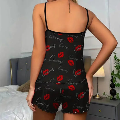 Women's Pajama Set: Camisole and Shorts with Red Lip Print - Ice Silk Comfort for Casual Comfort Sleepwear