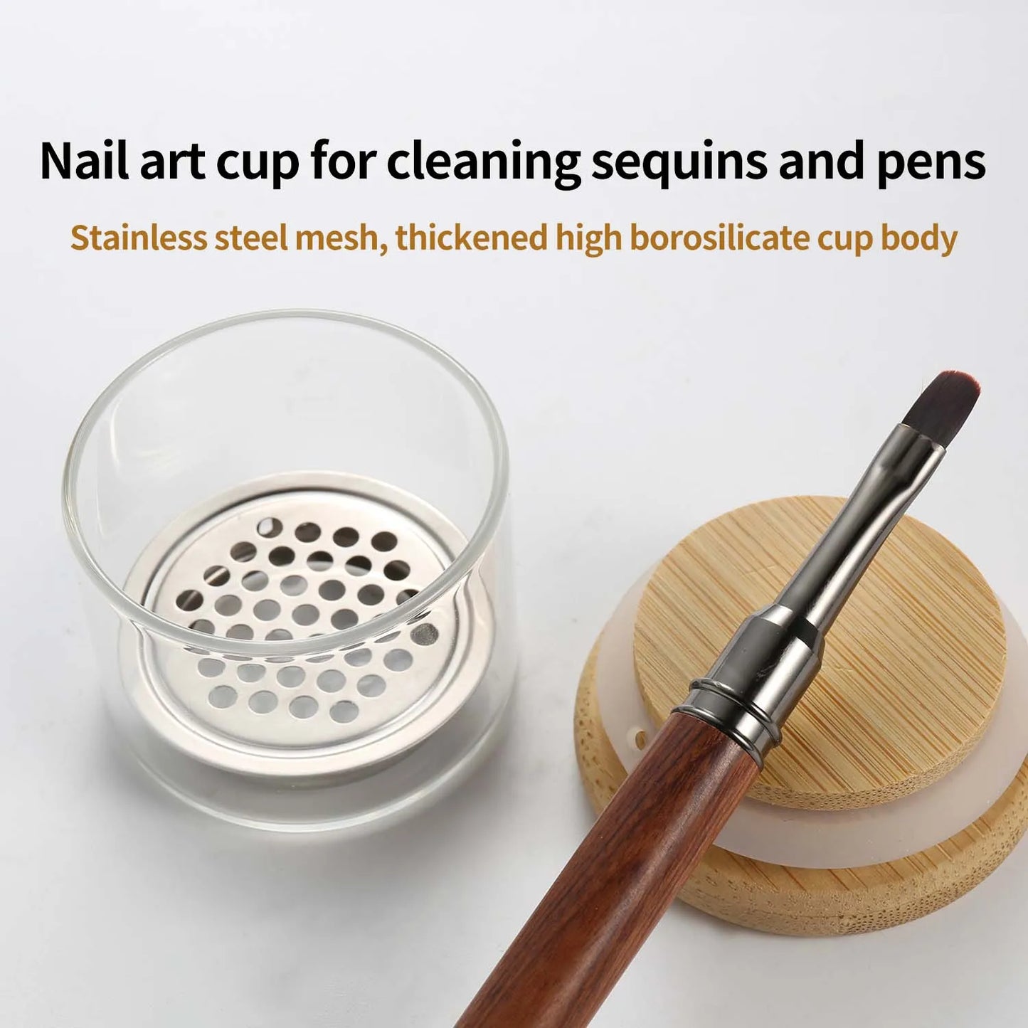 Nail Brush Cleaning Cup - Crystal Glass Cleaner Container with Stainless Steel Mesh Base for Nail Drill Bits and Brushes