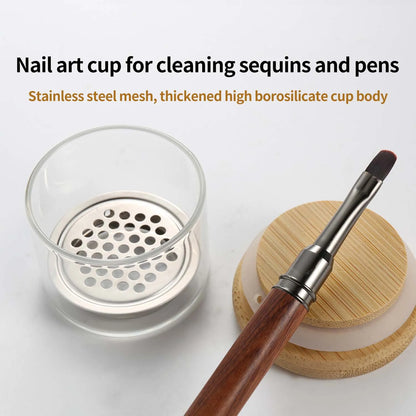 Nail Brush Cleaning Cup - Crystal Glass Cleaner Container with Stainless Steel Mesh Base for Nail Drill Bits and Brushes