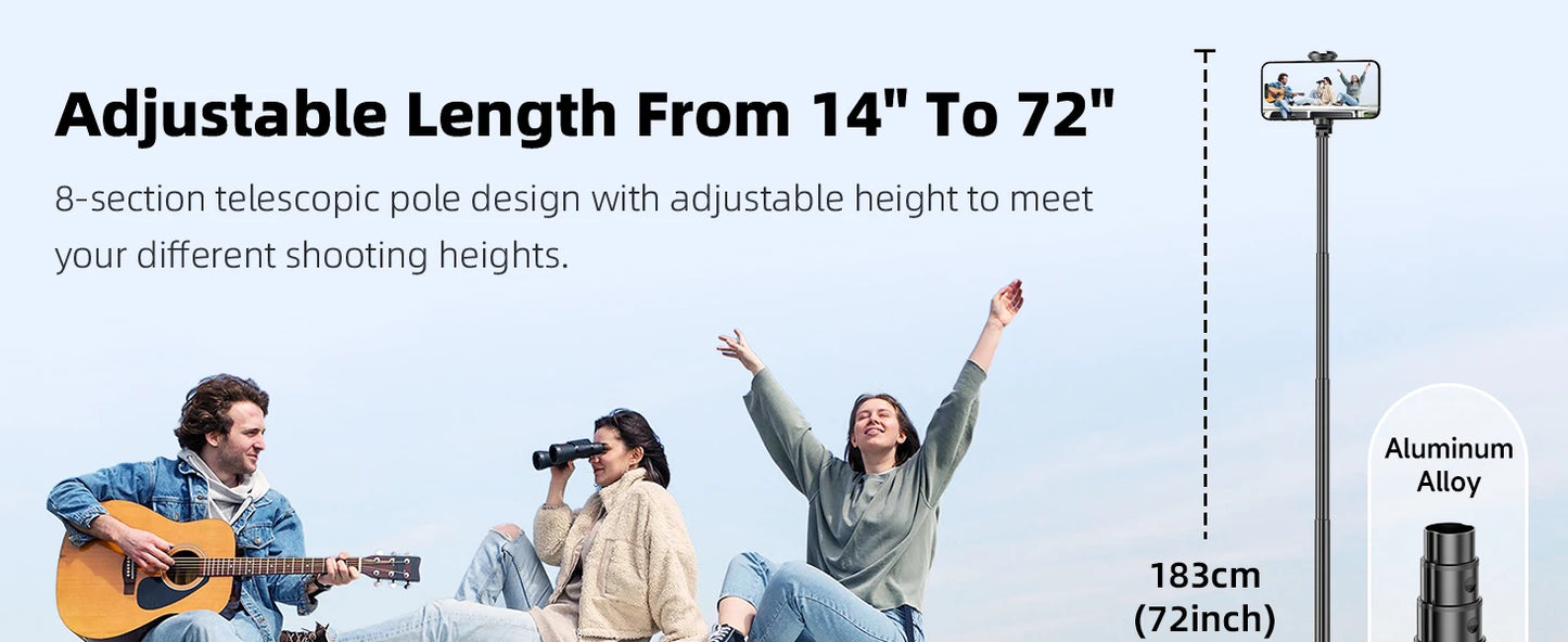 Selfieshow Wireless Selfie Stick – 72 Inch Portable Aluminum Alloy Tripod with Bluetooth Remote for iOS & Android Phones