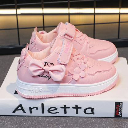 Girls Pink Bow Flower Sneakers - Breathable Non-Slip Casual Sports Shoes for Kids