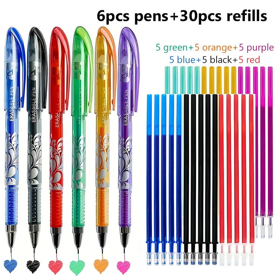 36-Piece Erasable Gel Pen Set - 6-Color Washable Ink Writing Pens for School, Office & Everyday Stationery