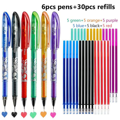 36-Piece Erasable Gel Pen Set - 6-Color Washable Ink Writing Pens for School, Office & Everyday Stationery