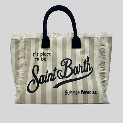 Saint Barth Large Capacity Women's Beach Handbag – European & American Style, Deep Blue Striped Tassel Tote
