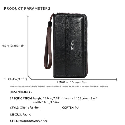Men's PU Leather Zipper Wallet – Large Capacity Clutch Bag with Phone Holder, Card Slots & Coin Pocket