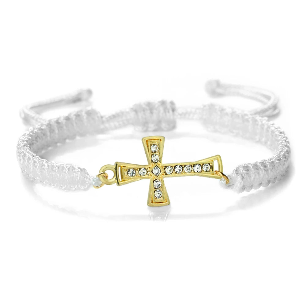 Crystal Cross Pendant Bracelet - Red & Black Braided Prayer Rope Jewelry Gift for Men & Women
