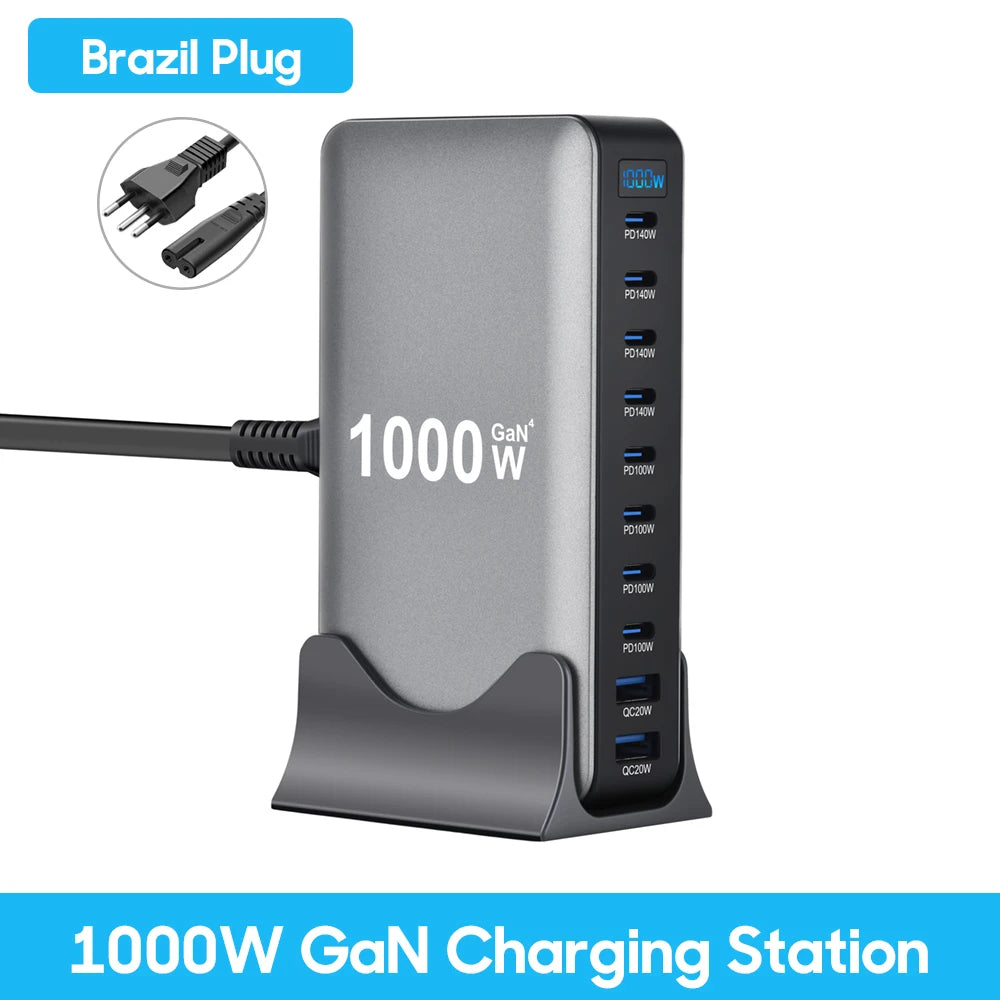 1000W 10-Port GaN Desktop Charger – 140W PD Fast Charging for MacBook Pro, 100W for Phone & Tablet, Multi-Port USB Hub Station