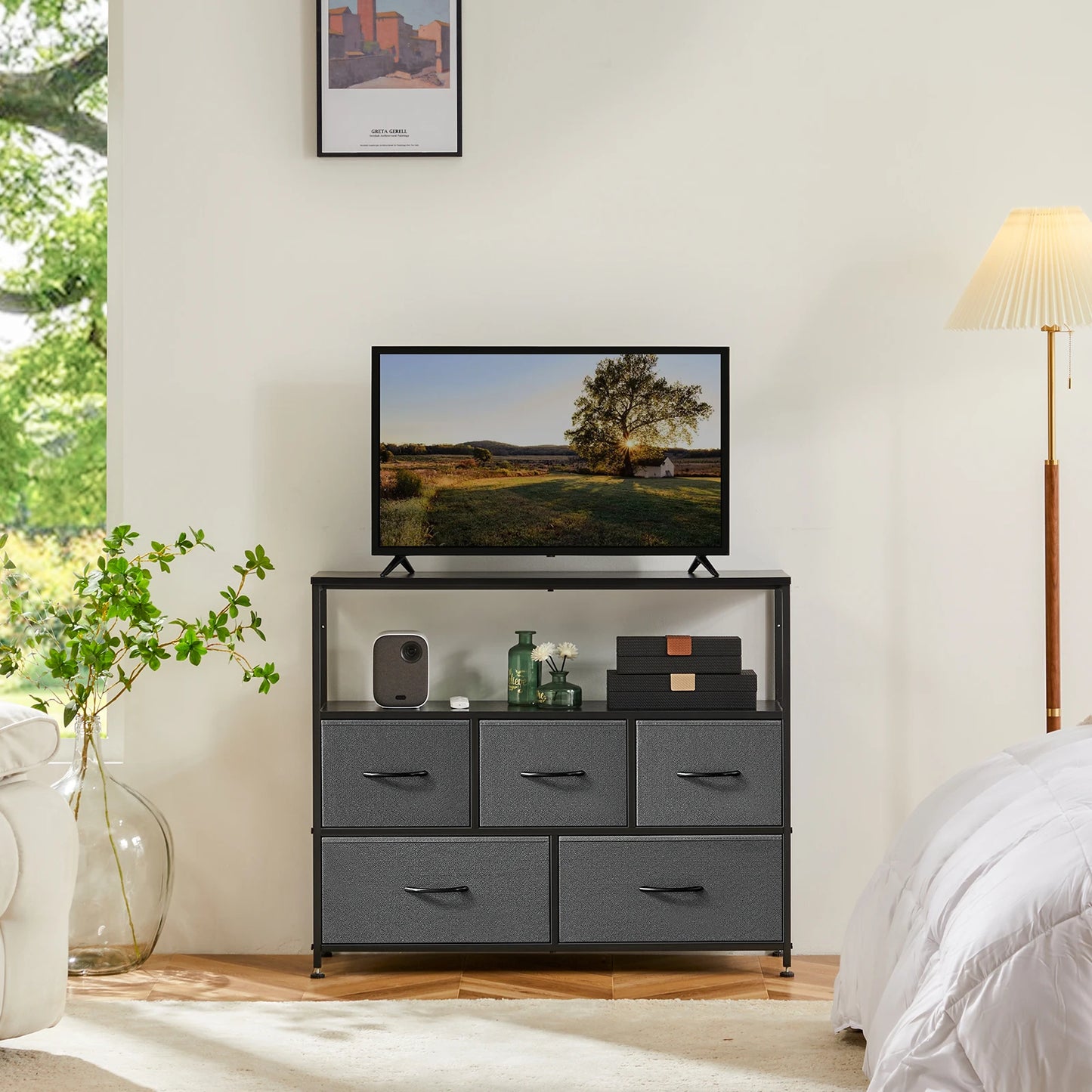 Fireplace TV Stand Dresser — Bedroom Storage Cabinet with 5 Fabric Drawers for Clothes & Display Furniture