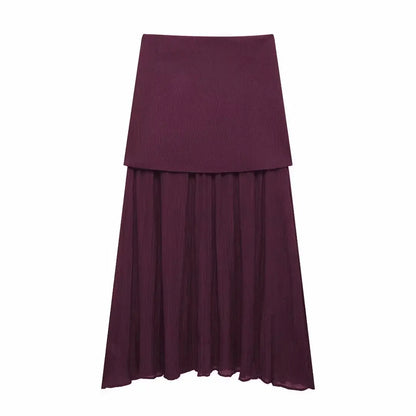 TRAFZA 2025 Women’s Wine Red Skirt Set – Knitted V-Neck Vest with High Waist Zipper Patchwork Long Skirt