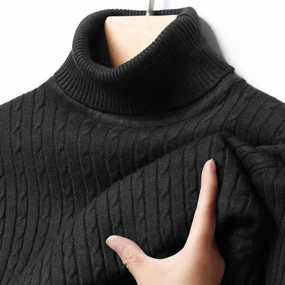 Men's Autumn Ribbed Turtleneck Sweater - Warm Fitted Jacquard Striped Knitted Long Sleeve Pullover Top