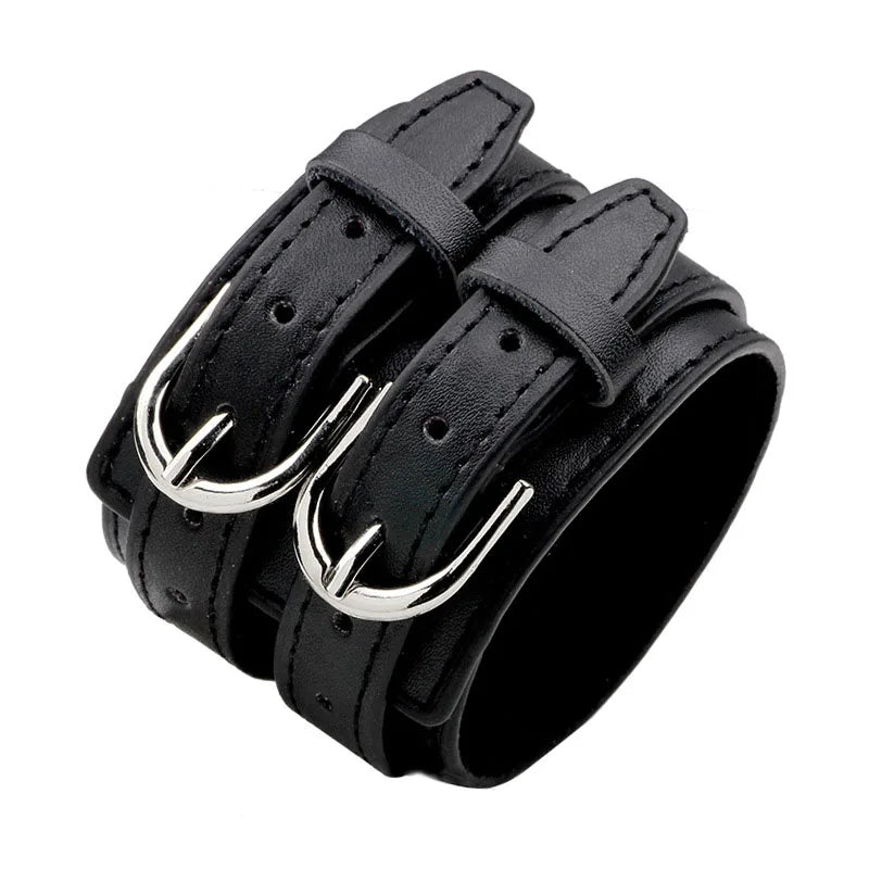 Men’s Genuine Leather Bracelet - Wide Adjustable Vintage Punk Friendship Jewelry with Buckle Closure