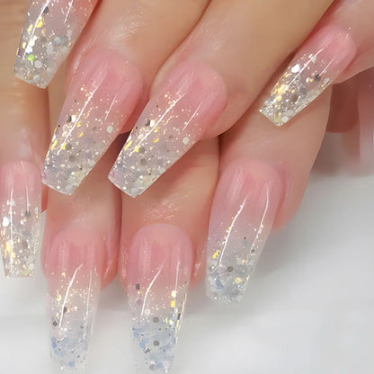 24pcs Blue Golden Stripe Press-On Nails Shiny Powder Long Square Full Cover False Nail Tips Wearable Love Design