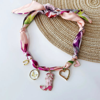 Bohemian Fabric Scarf Necklace - Sea Life, Heart & Floral Charm Pendant Vacation Jewelry Gift for Women