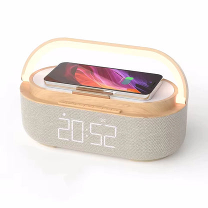 Portable Bluetooth Speaker with Wireless Charging — FM Radio, Alarm Clock, Music Sound Box, Night Light & Charger Lamp