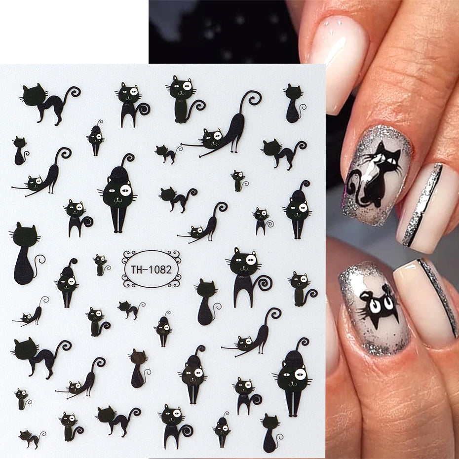 2PCS 3D Black Cat Nail Stickers - Cute Cartoon Self-Adhesive Nail Art Decals for Manicure