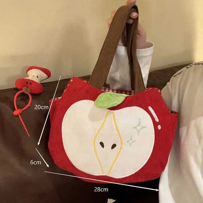 Red Apple Corduroy Shoulder Bag - Cute Canvas Handbag with Apple Pendant for Casual Outings