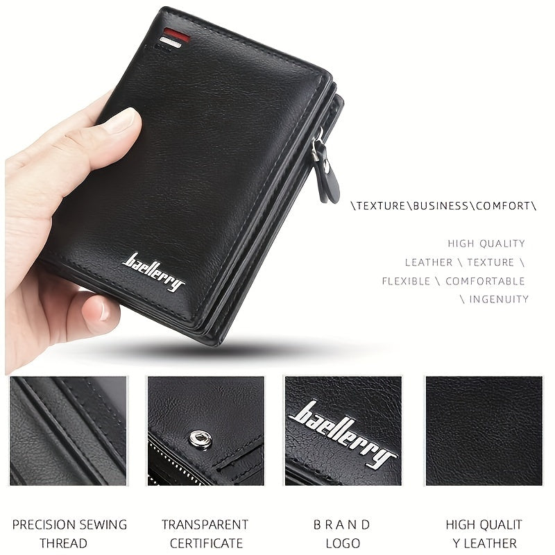 Men’s PU Leather Short Wallet – Vintage Zipper Coin Pocket, Large Capacity Money & Card Holder