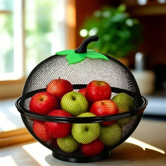 Metal Fruit Basket with Mesh Lid - Moisture Resistant Kitchen Storage Rack for Home & Outdoor