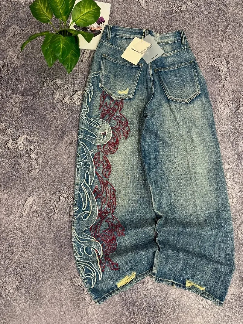 Y2K American Embroidered Baggy Jeans – Men’s Vintage Hip Hop Wide-Leg Casual Streetwear Pants