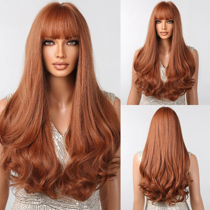 Copper Ginger Red Brown Synthetic Wig – Long Fluffy Wavy Wig with Bangs, Heat-Resistant Cosplay & Daily Wear Hair for Women