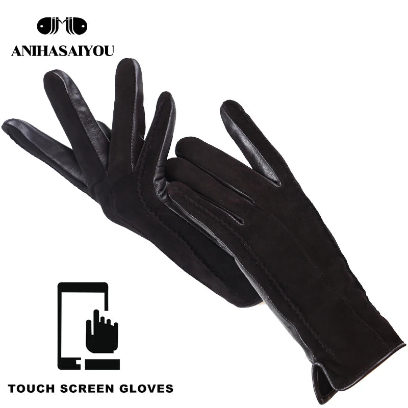 Women’s Winter Touch Gloves – 50% Genuine Leather & 50% Suede, Colorful Warm Leather Gloves