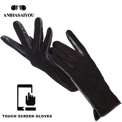 Women’s Winter Touch Gloves – 50% Genuine Leather & 50% Suede, Colorful Warm Leather Gloves