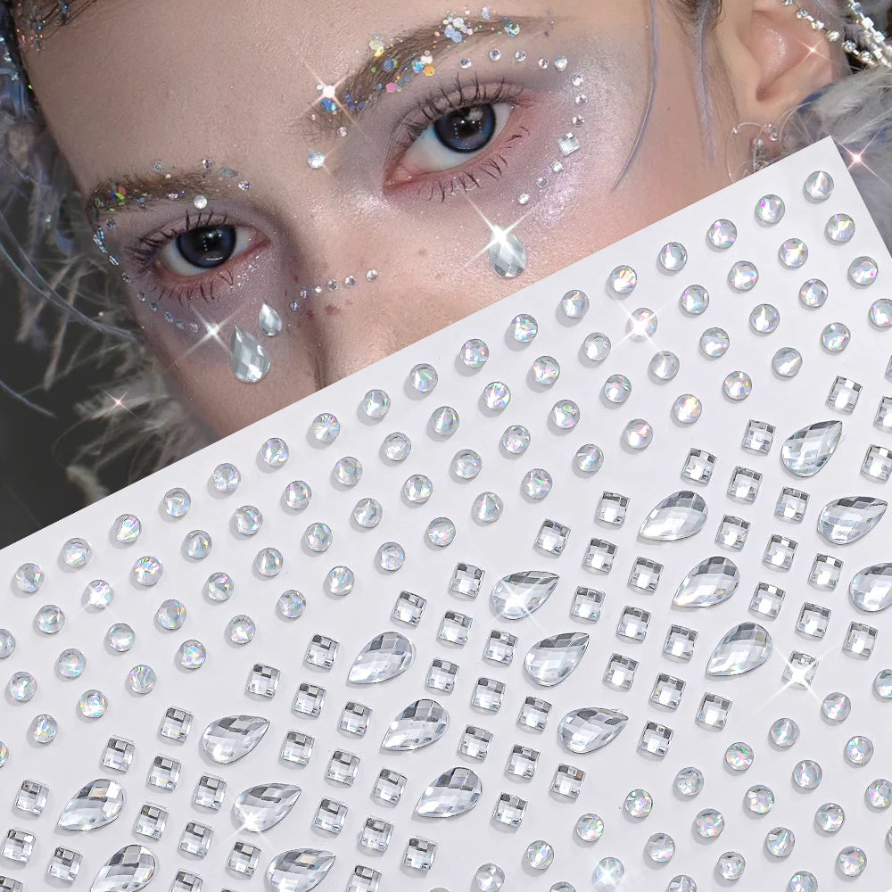 3D Holographic Teardrop Rhinestone Stickers - Self-Adhesive Crystal Diamond Face, Eye & Hair Decoration Tattoos