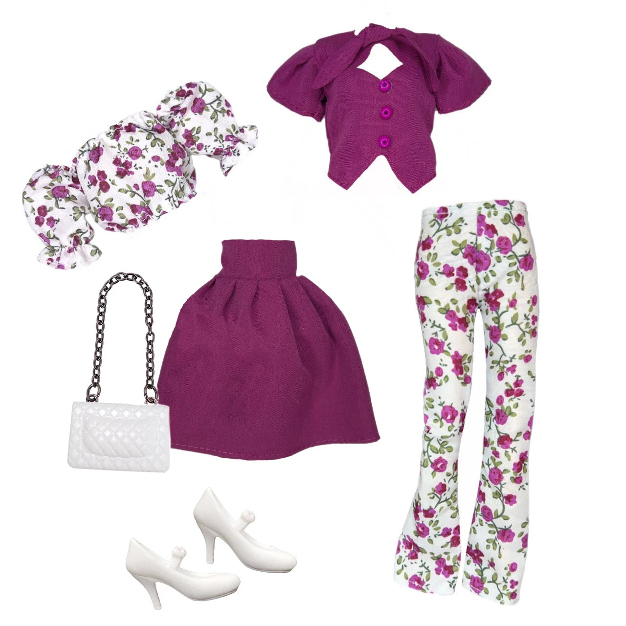 Elegant 1/6 Doll Outfit – Pink Houndstooth Dress, Hat, Gold Belt, Handbag & Shoes Set