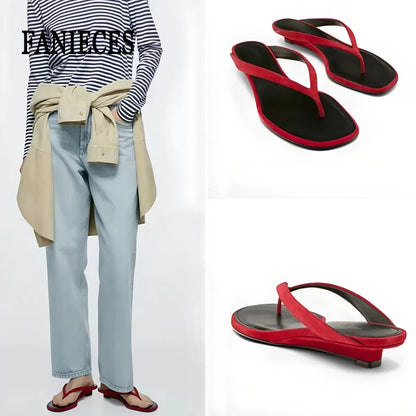 Women's Red Square-Toe Flip Flops - Low Heel Casual Summer Beach Mules