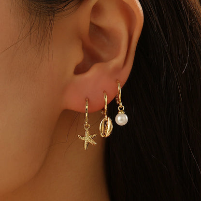 Ocean Style Asymmetric Earrings - Starfish Shell Pearl Zircon Stud Jewelry Gift for Women