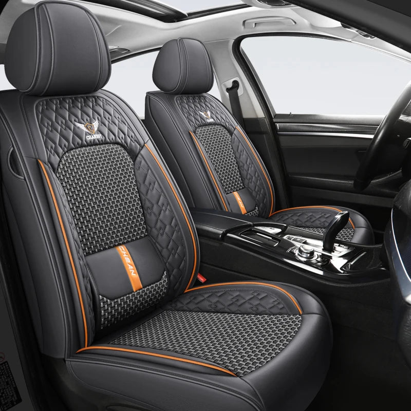 Universal 5-Seat Nappa Leather Car Seat Covers - Four-Season Ice Silk Cushion Set with Fixed Lumbar Support for Most Cars