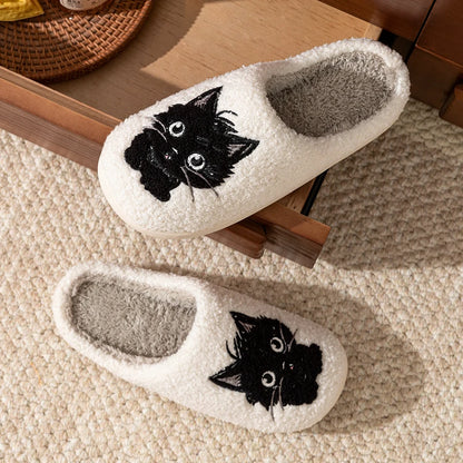 Women’s Cartoon Black Cat Slippers - Winter Indoor Bedroom Shoes with Soft Anti-Slip Comfort Sole