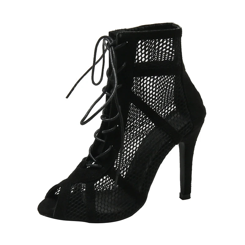 Sexy High Heel Mesh Sandals – Women's Summer Peep Toe, Cross-Tied Ankle Strap Dance Shoes, Black Hollow Design