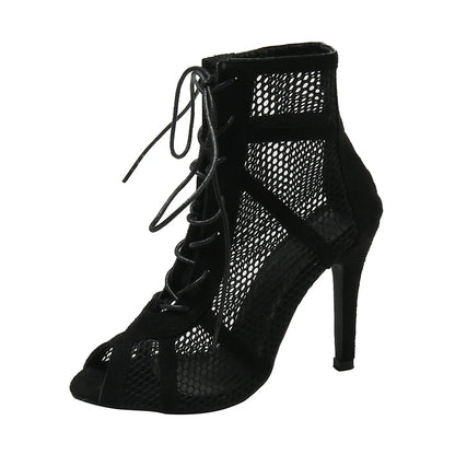Sexy High Heel Mesh Sandals – Women's Summer Peep Toe, Cross-Tied Ankle Strap Dance Shoes, Black Hollow Design
