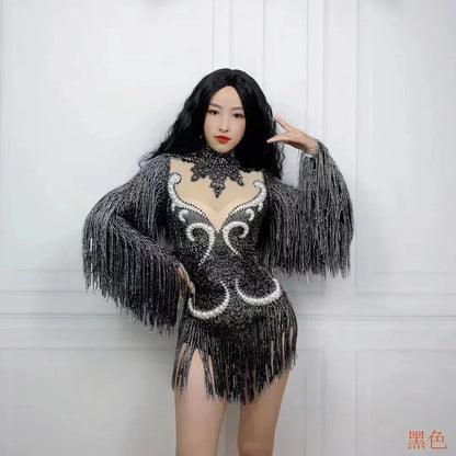 Purple Rhinestone Mesh Tassel Jumpsuit - Sheer Nightclub & Stage Performance Outfit