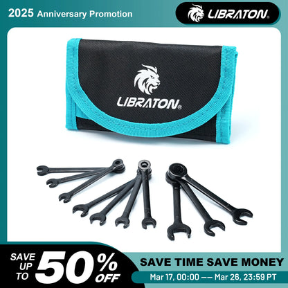 LIBRATON 10-Piece Mini Combination Wrench Set with Rolling Pouch – Metric & SAE Carbon Steel 4-11mm / 5/32"-7/16"